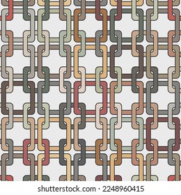 Seamless abstract geometric pattern with multicolored interlaced squares. Squares in green, red, and yellow on white background. Vintage colored look. Decorative graphic textile texture. Vector image.
