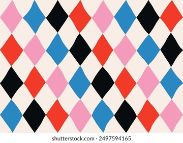 Seamless abstract geometric pattern of multicolored rhombuses in a row on a light background, harlequin motifs, hand drawn illustration