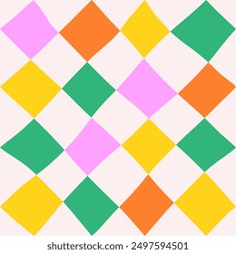 Seamless abstract geometric pattern of multicolored rhombuses in a row on a light background, harlequin motifs, hand drawn illustration