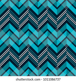 Seamless abstract geometric pattern of multiple zigzag with dots in blue and white colors