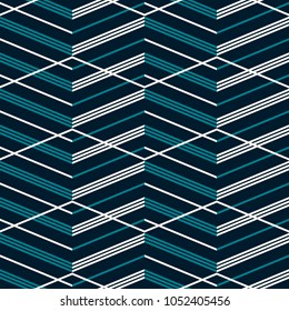 Seamless abstract geometric pattern with multiple complicated zigzag. Elegant fashion vector print in blue and white colors