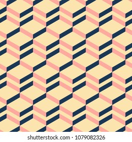 Seamless abstract geometric pattern of multiple zigzag forming rhombus shapes. Elegant vector print dark blue, yellow, pink colors