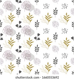 Seamless abstract geometric pattern with natural elements. Leaves, blades of grass and twigs. Bulrush and wildflowers. Exotic tropical leaves of monstera.