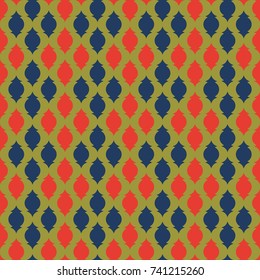 Seamless Abstract Geometric Pattern / Navy Blue and Red on Olive Green Background / Global colors saved with Pattern Swatches