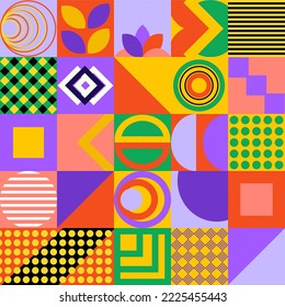 Seamless abstract geometric pattern in neo-geo style from simple geometric shapes, warm bright tones.Can be used for printing on textiles, for backgrounds and your project