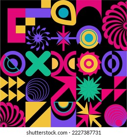 Seamless abstract geometric pattern in neo-geo style from simple geometric shapes, warm bright tones.Can be used for printing on textiles, for backgrounds and your project