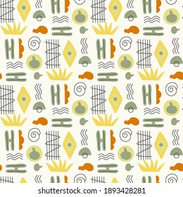 Seamless abstract geometric pattern on white  background. Folk art style. Hand drawn elements. Design for textiles, wallpapers, packaging, printed products. Vector illustration