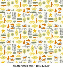 Seamless abstract geometric pattern on white  background. Folk art style. Hand drawn elements. Design for textiles, wallpapers, packaging, printed products. Vector illustration