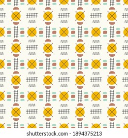 Seamless abstract geometric pattern on white  background. Folk art style. Hand drawn elements. Design for textiles, wallpapers, packaging, printed products. Vector illustration