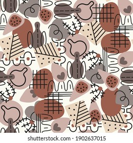 Seamless abstract geometric pattern on white  background. Folk art style. Hand drawn elements. Design for textiles, wallpapers, packaging, printed products. Vector illustration