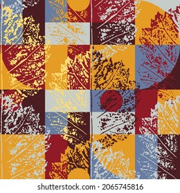 seamless abstract geometric pattern on a seasonal theme. a plant element on an abstract background of multicolored geometric shapes. autumn color scheme. stock vector illustration. EPS 10.