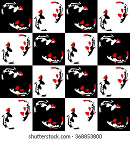 Seamless abstract geometric pattern on a chess background with fish