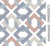 Seamless abstract geometric pattern with orange, blue, and beige interlocking squares and circles on a white background. Retro design style. Vector illustration. 
