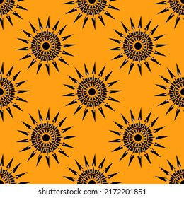 Seamless abstract geometric pattern. Orange, black. Vector illustration. Ethnic texture. Suns, circles, lines, triangles. Design for textile fabrics, wrapping paper, background, wallpaper, cover.