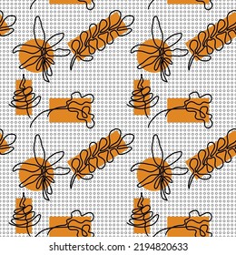 Seamless abstract geometric pattern. Orange, black, white. Vector. Botanical texture. Line art. Dots, rings, leaves ornament. Design for textile fabrics, wrapping paper, background, wallpaper, cover.