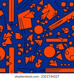Seamless abstract geometric pattern. Orange, blue, black. Vector illustration. Polygons, circles, dots, triangles texture. Design for textile fabrics, wrapping paper, background, wallpaper, cover.