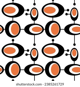 Seamless abstract geometric pattern. Orange, black, white. Vector illustration. Ovals, circles, lines, dots texture. Design for textile fabrics, wrapping paper, background, wallpaper, cover.