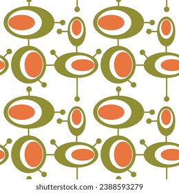 Seamless abstract geometric pattern. Orange, khaki, green, white. Vector illustration. Ovals, circles, lines, dots texture. Design for textile fabrics, wrapping paper, background, wallpaper, cover.