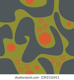 Patrón geométrico abstracto sin inconvenientes. Naranja, verde, gris. Ilustración vectorial. Poligonos, círculos, anillos, textura de puntos. Diseño para tejidos textiles, papel de envoltura, fondo, papel pintado, cubierta.