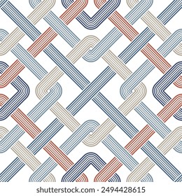 Seamless abstract geometric pattern with orange, blue, and beige interlocking squares and lines on a white background. Retro style design. Vector illustration. 