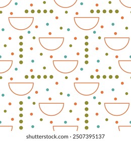 Seamless abstract geometric pattern. Orange, green, white, blue. Vector illustration. Polygons, circles, dots texture. Design for textile fabrics, wrapping paper, background, wallpaper, cover.