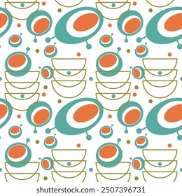 Seamless abstract geometric pattern. Orange, khaki, blue, white. Vector illustration. Ovals, circles, lines, dots texture. Design for textile fabrics, wrapping paper, background, wallpaper, cover.