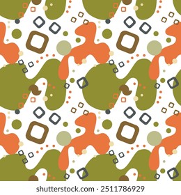 Padrão geométrico abstrato sem emenda. Laranja, verde, cinza, branco. Ilustração vetorial. Polígonos, círculos, anéis, textura de pontos. Design para tecidos têxteis, papel de embrulho, fundo, papel de parede, capa.