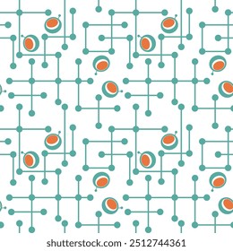 Seamless abstract geometric pattern. Orange, blue, white. Vector illustration. Polygons, circles, rings, dots texture. Design for textile fabrics, wrapping paper, background, wallpaper, cover.
