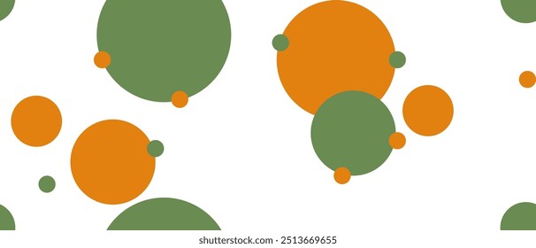 Seamless abstract geometric pattern. Orange, green, khali, white. Vector illustration. Circles, dots texture. Design for textile fabrics, wrapping paper, background, wallpaper, cover.