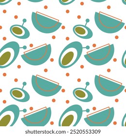 Seamless abstract geometric pattern. Orange, khaki, blue, white. Vector illustration. Ovals, circles, lines, dots texture. Design for textile fabrics, wrapping paper, background, wallpaper, cover.