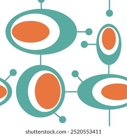 Seamless abstract geometric pattern. Orange, blue, white. Vector illustration. Ovals, circles, lines, dots texture. Design for textile fabrics, wrapping paper, background, wallpaper, cover.