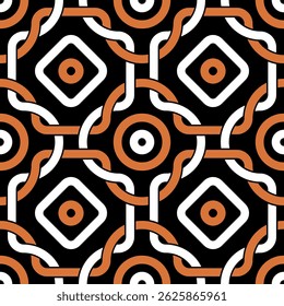 Seamless abstract geometric pattern with an ornamental grid of orange and white braided wavy lines on a black background. Retro ethnic style. Vector illustration for textile, printing, and wallpaper. 
