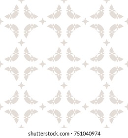 Seamless abstract geometric pattern in pastel colors, white and beige. Elegant vector background. Delicate ornament with carved shapes, semicircles, stars. Subtle ornamental texture, repeat design
