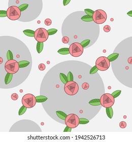 Patrón geométrico abstracto sin inconvenientes con flores rosadas y brotes hojas verdes y círculos grises claros en el fondo