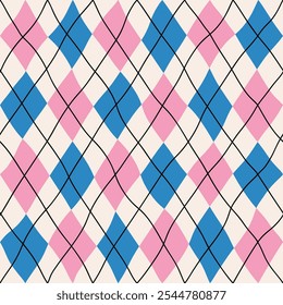 Padrão geométrico abstrato contínuo de losangos rosa e azul em uma linha com linhas diagonais pretas em um fundo claro, ilustração desenhada à mão, estilo plano