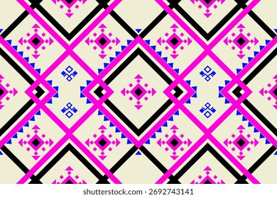 Padrão geométrico abstrato sem costura com rosa, azul e preto no fundo de cor creme claro, tecido tribal ameríndio, azulejo, tapete, vetor, design de ilustração	
