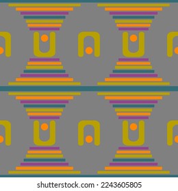 Seamless abstract geometric pattern. Polygons, circles, dots, lines texture. Green, grey, orange, purple, blue. Illustration. Designed for textile fabrics, wrapping paper, background, wallpaper, cover