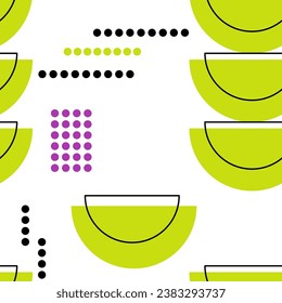Patrón geométrico abstracto sin inconvenientes. Púrpura, verde, negro, blanco. Ilustración vectorial. Polígonos, círculos, líneas, textura de puntos. Diseño para tejidos textiles, papel de envoltura, fondo, papel pintado, cubierta.
