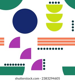 Patrón geométrico abstracto sin inconvenientes. Púrpura, verde, naranja, azul, blanco. Vector. Poligonos, círculos, anillos, textura de puntos. Diseño para tejidos textiles, papel de envoltura, fondo, papel pintado, cubierta.