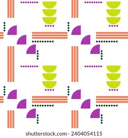 Patrón geométrico abstracto sin inconvenientes. Púrpura, verde, naranja, blanco. Ilustración vectorial. Poligonos, círculos, anillos, textura de puntos. Diseño para tejidos textiles, papel de envoltura, fondo, papel tapiz, cubierta