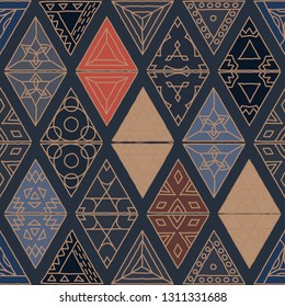 Seamless abstract geometric pattern. The quadrangles decorated with different patterns are combined into a cute multi-colored rug. Print for textiles. Vector illustration.