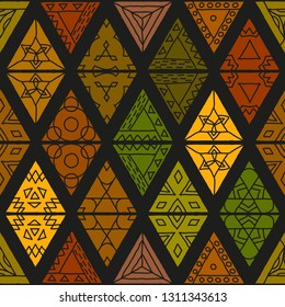 Seamless abstract geometric pattern. The quadrangles decorated with different patterns are combined into a cute multi-colored rug. Print for textiles. Vector illustration.