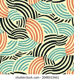 Seamless abstract geometric pattern of random arcuate stripes.
