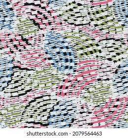 Seamless abstract geometric pattern of random arcuate stripes and strokes.
