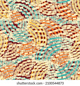 Seamless abstract geometric pattern of random arcuate stripes and strokes.
