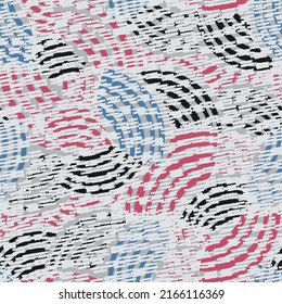 Seamless abstract geometric pattern of random arcuate stripes and strokes.
