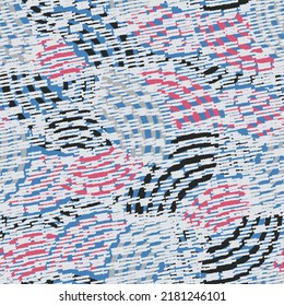 Seamless abstract geometric pattern of random arcuate stripes and strokes.
