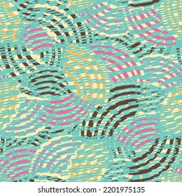 Seamless abstract geometric pattern of random arcuate stripes and strokes.
