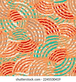 Seamless abstract geometric pattern of random arcuate stripes and strokes.
