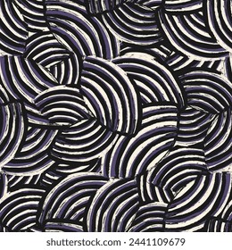 Seamless abstract geometric pattern of random arcuate stripes.
